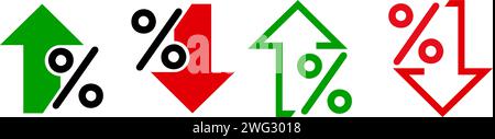 Icone di crescita e declino percentuale. Percentuale simboli di stile piatto freccia su e giù - vettore Illustrazione Vettoriale