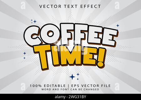 Effetto testo modificabile Coffee Time cartone animato 3D carino stile modello vettoriale Premium Illustrazione Vettoriale