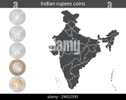 Monete in rupia con mappa dell'India. Serie di monete, rupie indiane. Illustrazione Vettoriale