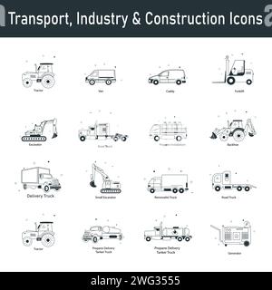 Set di progettazione di icone Vector per trasporti, industria e edilizia. Illustrazione Vettoriale