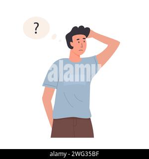 Un uomo che pensa. Ritratto di persona premurosa con punto interrogativo. Giovane che risolve problemi, prende decisioni. Illustrazione vettoriale di stile piatto Illustrazione Vettoriale
