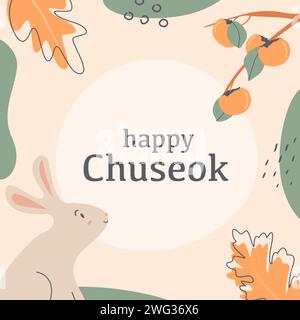 Biglietto d'auguri per il festival di metà autunno in Corea, invito con coniglio di giada, sagoma lunare e brunch all'albero di cachi. Giorno del Ringraziamento. Tradizione coreana Illustrazione Vettoriale