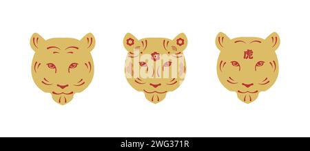 Set di simboli zodiacali cinesi di colore dorato. Capodanno cinese 2022, anno della tigre. Buon anno cinese elemento decorativo isolato su W Illustrazione Vettoriale