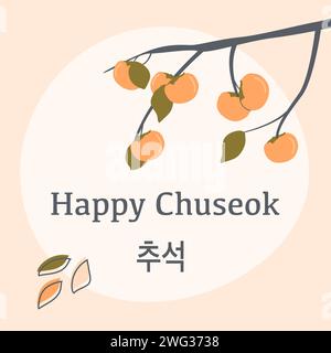 Giorno del Ringraziamento in Corea. Albero autunnale di cachi. Raccolto ricco. Biglietto d'auguri Happy Chuseok, Hangawi. Didascalia coreana. Tradizionale raccolto di luna piena Illustrazione Vettoriale