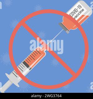 Flacone di vaccino con iniezione a siringa e segno rosso proibito sullo sfondo con batteri Coronavirus. Protesta contro la vaccinazione. Rifiuto preventivo m Illustrazione Vettoriale