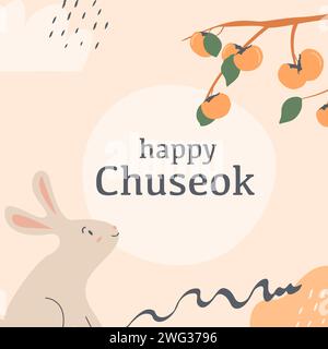 Biglietto d'auguri per il festival di metà autunno in Corea, invito con coniglio di giada, sagoma lunare e brunch all'albero di cachi. Giorno del Ringraziamento. Tradizione coreana Illustrazione Vettoriale