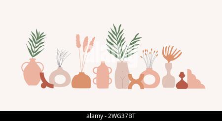 Collezione di vasi in ceramica alla moda con piante. Composizione di jags e vasi di fiori in colori minimalistici di terracotta pastello. Boho vettoriale scand Illustrazione Vettoriale