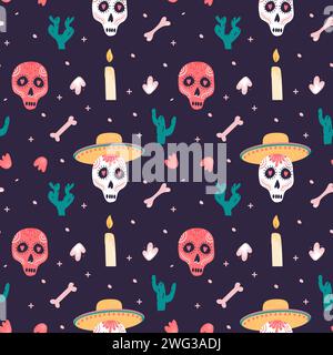 Dia de los muertos pattern vettoriale senza cuciture. I principali simboli della festa nazionale messicana sullo sfondo scuro. Il giorno dei morti. Teschi di zucchero e alt Illustrazione Vettoriale