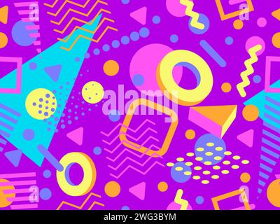 Motivo Memphis senza cuciture con forme geometriche in stile 80s e 90s. Forme geometriche di forme e colori diversi. Progettazione di prodotti promozionali, Illustrazione Vettoriale