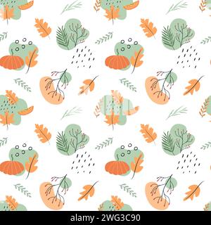 Motivo boho astratto senza cuciture con foglie autunnali, ramoscelli e rami d'albero. Sfondo ripetibile con frutti di bosco, zucca e fogliame della stagione autunnale. Piatto Illustrazione Vettoriale