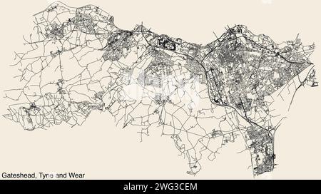 Mappa stradale del METROPOLITAN BOROUGH DI GATESHEAD, TYNE AND WEAR Illustrazione Vettoriale