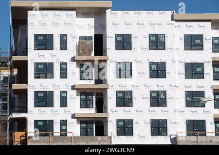 Edificio di appartamenti a basso consumo energetico in costruzione, nel centro di Colorado Springs, Colorado. Barriere antiumidità Tyvec e isolamento, finestre Pella Foto Stock