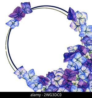 Splendida cornice con fiori blu. Illustrazione vettoriale acquerello idrangea blu isolata su sfondo bianco. Bouquet floreali per cosmetici Illustrazione Vettoriale