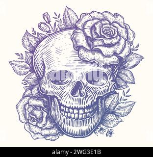 Teschio umano in fiori con foglie in stile vintage incisione. Rose e testa scheletrica. Illustrazione del vettore di schizzo Illustrazione Vettoriale