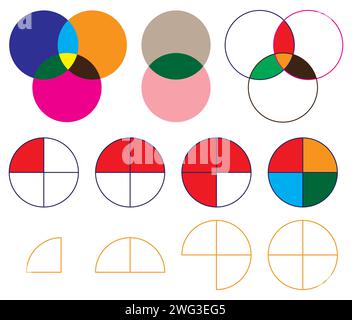 Cerchi intersecanti, intersezione di tre gruppi diagramma venn. Icona colorata. Illustrazione Vettoriale