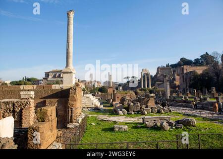 DAS Forum Romanum Römischer Marktplatz in Rom ist das älteste römische Forum und War Mittelpunkt des politischen, wirtschaftlichen, kulturellen und religiösen Lebens. Es ist heute eine der wichtigsten Ausgrabungsstätten des antiken Roms. ROM *** il mercato romano del foro Romano a Roma è il più antico foro romano ed è stato il centro della vita politica, economica, culturale e religiosa oggi è uno dei più importanti siti di scavo dell'antica Roma Foto Stock