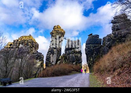 Die Externsteine, eine Sandstein Felsformtation, im Teutoburger Wald, bei Horn-Bad Meinberg, Kreis Lippe, NRW, Deutschland, Externsteine *** l'Externsteine, una formazione rocciosa di arenaria, nella Foresta di Teutoburgo, vicino a Horn Bad Meinberg, distretto di Lippe, NRW, Germania, Externsteine Foto Stock