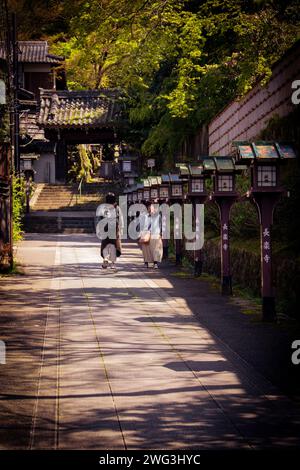 Due donne camminano verso la porta del Tempio Chorakuji a Kyoto Foto Stock