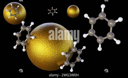 Rendering 3d di molecole di benzene nanoparticelle di oro coniugato (Au) (NPS) su sfondo bianco Foto Stock