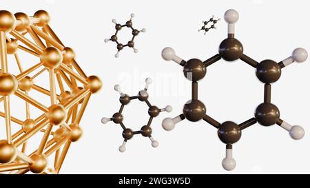 Rendering 3d di molecole di benzene nanoparticelle di oro coniugato (Au) (NPS) su sfondo bianco Foto Stock