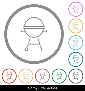 La griglia per barbecue delinea le icone di colore piatte in contorni rotondi su sfondo bianco Illustrazione Vettoriale