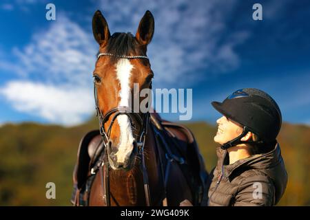 Un ritratto della testa di un cavallo contro un cielo blu, il cavaliere si trova accanto al cavallo. Una soleggiata giornata autunnale nella natura. Foto Stock