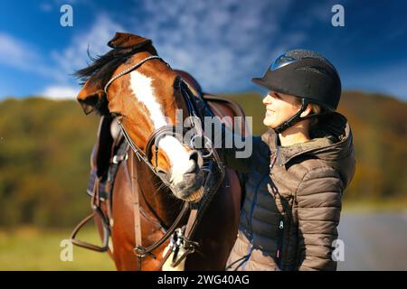 Un ritratto della testa di un cavallo contro un cielo blu, il cavaliere si trova accanto al cavallo. Una soleggiata giornata autunnale nella natura. Foto Stock