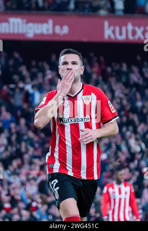 Bilbao, Spagna. 2 febbraio 2024. Gorka Guruzeta dell'Athletic Club celebra un gol durante la Liga EA Sports match tra Athletic Club e RCD Mallorca allo stadio San Mames di Bilbao. Punteggio finale: Athletic Club 4:0 RCD Mallorca credito: SOPA Images Limited/Alamy Live News Foto Stock