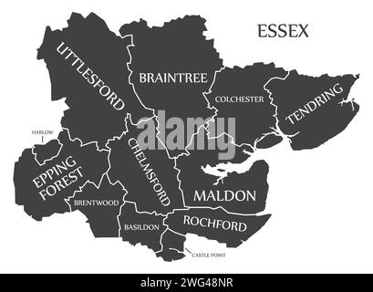 Mappa della contea del Regno Unito Essex contrassegnata da un'illustrazione nera Illustrazione Vettoriale