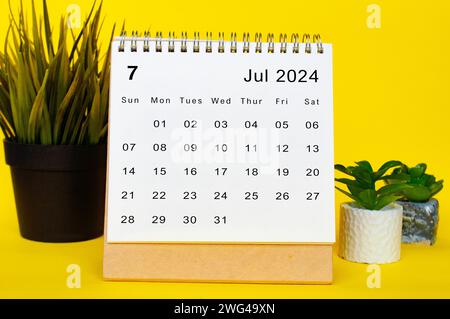 Calendario di luglio 2024 con sfondo giallo. Concetto di calendario mensile. Foto Stock