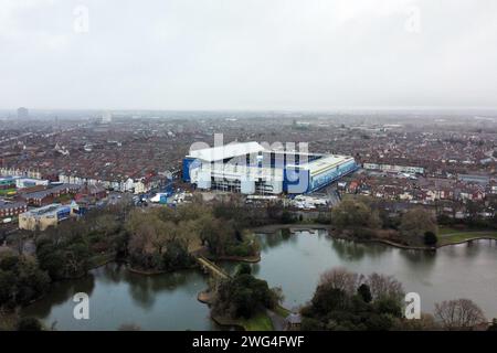 Liverpool, Regno Unito. 3 febbraio 2024. Vista aerea di Goodison Park davanti alla partita di Premier League a Goodison Park, Liverpool. Il credito fotografico dovrebbe leggere: Gary Oakley/Sportimage Credit: Sportimage Ltd/Alamy Live News Foto Stock