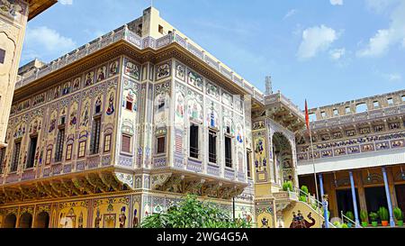 Dipinti sul Chokhani Double Haveli, Mandawa, Jhunjhunu, Rajasthan, India. Foto Stock