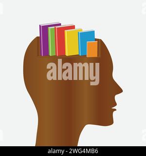 testa di uomo con scaffale di libri sul cervello , concetto di lettura libro illustrazione vettoriale Illustrazione Vettoriale