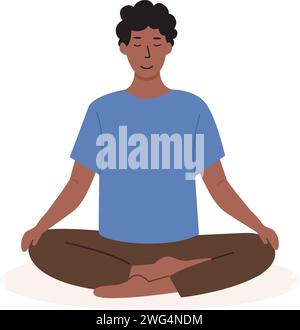 Giovane maschio africano che medita e fa esercizi di respirazione yoga. Uomo che pratica Pranayama e Meditazione. Illustrazione vettoriale piatta isolata su b bianco Illustrazione Vettoriale