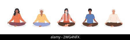 Gruppo di persone diverse, donne e uomini, che meditano e fanno esercizi di respirazione yoga. Anziani e giovani donne e uomini che praticano la meditazione. Illu. Vettore Illustrazione Vettoriale