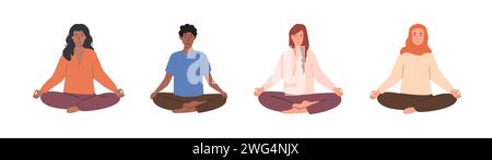 Gruppo di persone diverse, donne e uomini, che meditano e fanno esercizi di respirazione yoga. Donna e uomo che praticano la meditazione. Carattere di illustrazione vettoriale Illustrazione Vettoriale