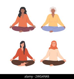Gruppo di persone diverse, donne e uomini, che meditano e fanno esercizi di respirazione yoga. Anziani e giovani donne e uomini che praticano la meditazione. Illu. Vettore Illustrazione Vettoriale