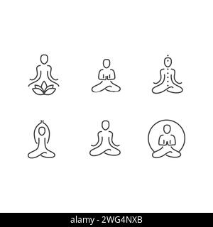 La pratica di meditazione e yoga delinea il set di icone vettoriali. Raccolta di semplici elementi minimali di asana. Rilassamento, concentrazione mentale, preghiera spirituale Illustrazione Vettoriale