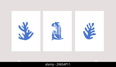 Matisse ha ispirato poster moderni con figure femminili astratte e rami o coralli su sfondo bianco. Set di arte murale contemporanea. Vite piatta colorata Illustrazione Vettoriale