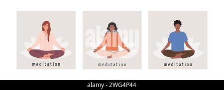 Set di poster quadrati con persone diverse, donne e uomini, che meditano sul fiore di loto e fanno esercizi di respirazione yoga. Donna e uomo che praticano Prana Illustrazione Vettoriale
