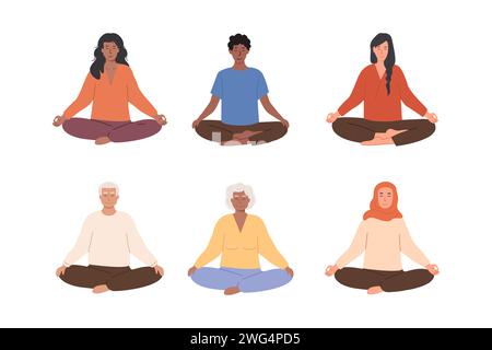 Gruppo di persone diverse, donne e uomini, che meditano e fanno esercizi di respirazione yoga. Anziani e giovani donne e uomini che praticano la meditazione. Illu. Vettore Illustrazione Vettoriale