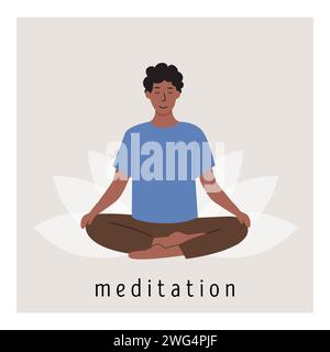 Poster quadrato con giovani africani che meditano sul fiore di loto e fanno esercizi di respirazione yoga. Uomo che pratica Pranayama. Biglietto con la Medita di cattura Illustrazione Vettoriale