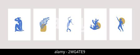 Matisse ha ispirato poster moderni con figure femminili astratte e rami o coralli su sfondo bianco. Set di arte murale contemporanea. V. piatto colorato Illustrazione Vettoriale