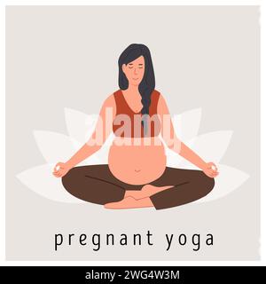Donna incinta che meditava. Banner quadrato per lo yoga prenatale. Donna seduta con le gambe incrociate. Rilassante esercizio di meditazione durante la gravidanza. Madre con arguzia Illustrazione Vettoriale