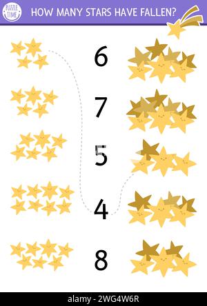 Abbina il gioco dei numeri unicorno a stelle cadute sorridenti. Attività di magia, fiabesca o matematica spaziale per bambini in età prescolare. Fantasy World Educational Counti Illustrazione Vettoriale