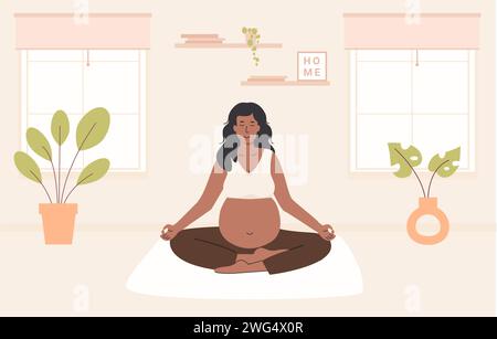 Donna nera incinta che meditava a casa. Yoga prenatale. Donne afroamericane con gambe incrociate sedute che praticano la meditazione nell'appartamento della camera. Rilassante Illustrazione Vettoriale