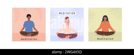 Set di poster quadrati con giovani uomini e donne che meditano e fanno esercizi di respirazione yoga. Carte con Meditazione di acquisizione con palmo Illustrazione Vettoriale