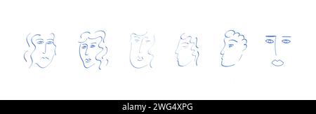 Set di ritratti astratti di tendenza su sfondo bianco isolato. Collezione di volti umani ispirati da Matisse a mano libera. Poster d'arte contemporanea. Ve Illustrazione Vettoriale