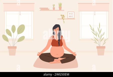 Donna incinta che medita a casa. Yoga prenatale. Donna seduta con le gambe incrociate che pratica meditazione nella sua stanza o nel suo appartamento. Esercizio rilassante du Illustrazione Vettoriale