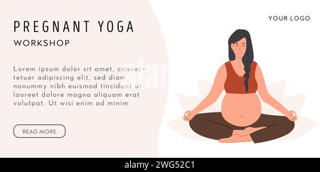 Donna incinta che meditava. Modello di banner Web per lo yoga prenatale. Donna seduta con le gambe incrociate. Rilassante esercizio di meditazione durante la gravidanza. Moth Illustrazione Vettoriale